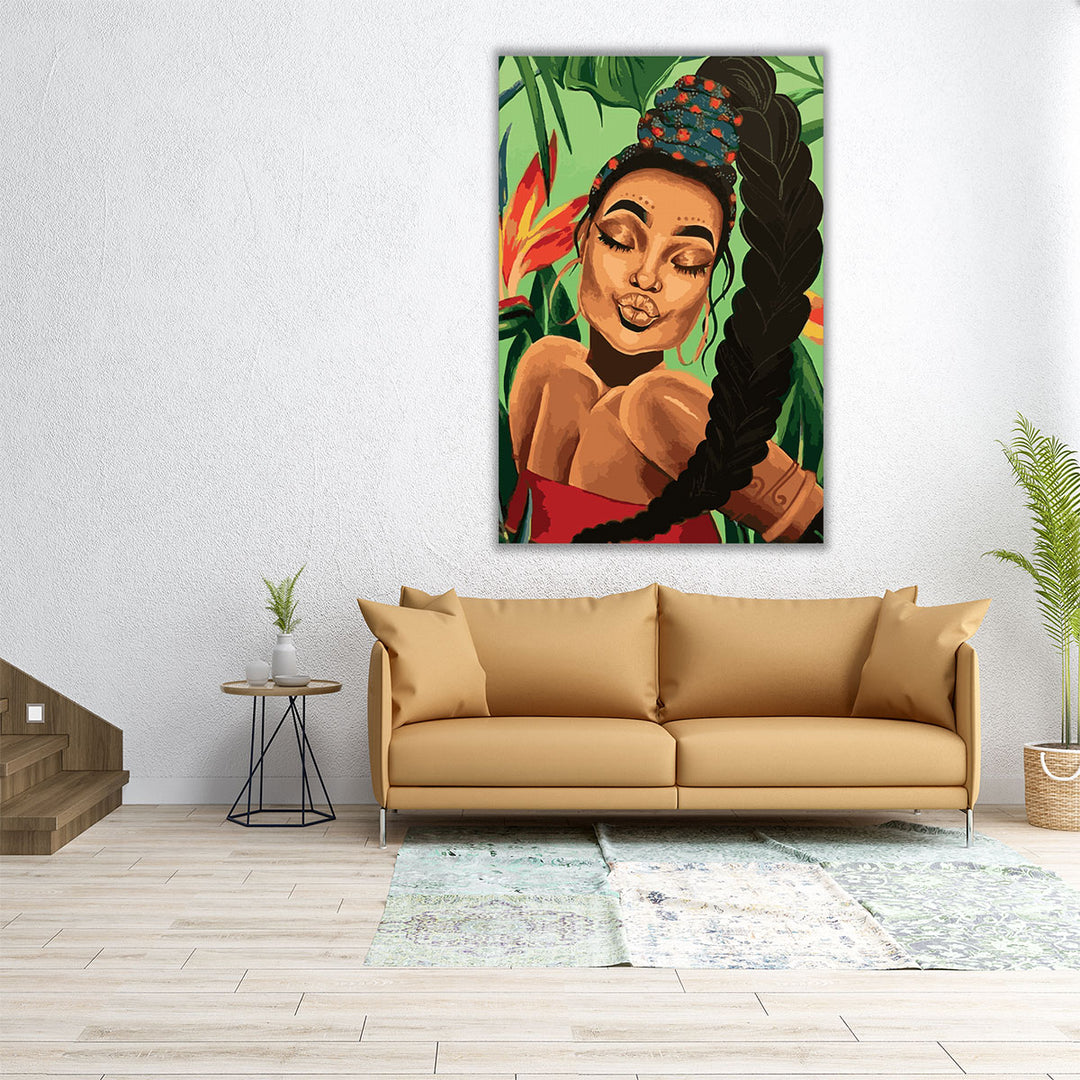 Black Woman Portrait, Afro Art With Tropical Background - Canvas Print Wall Art