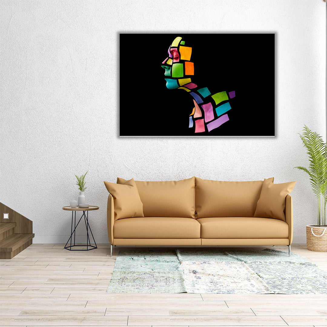 Portrait of a Young Woman in the Shape of Colored Squares - Canvas Print Wall Art