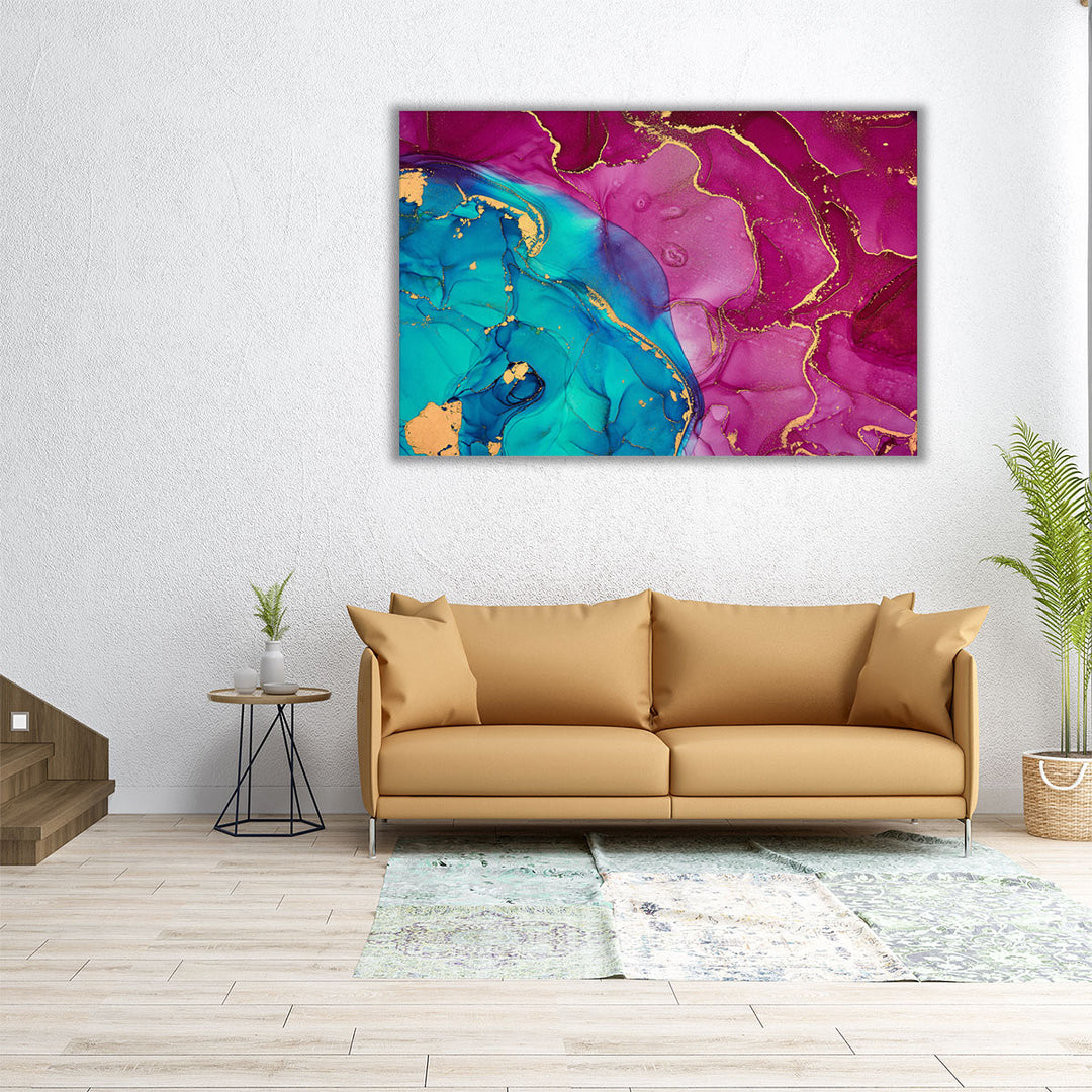 Light Blue, Pink and Gold Alcohol Ink Abstract Art - Canvas Print Wall Art