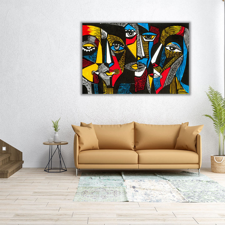 Modern illustration Abstract Art Print Linocut Style, Surreal Colored Faces - Canvas Print Wall Art