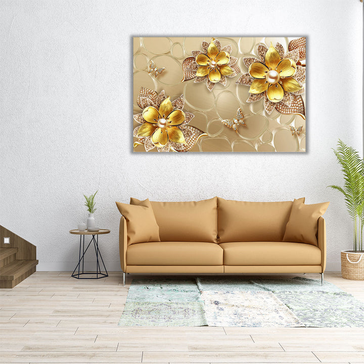 Golden Butterfly and Flower Abstract Art - Canvas Print Wall Art