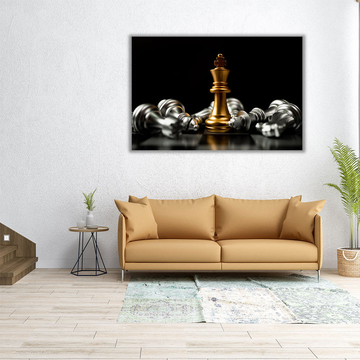 Golden King and Fallen Silver Chess Pieces - Canvas Print Wall Art