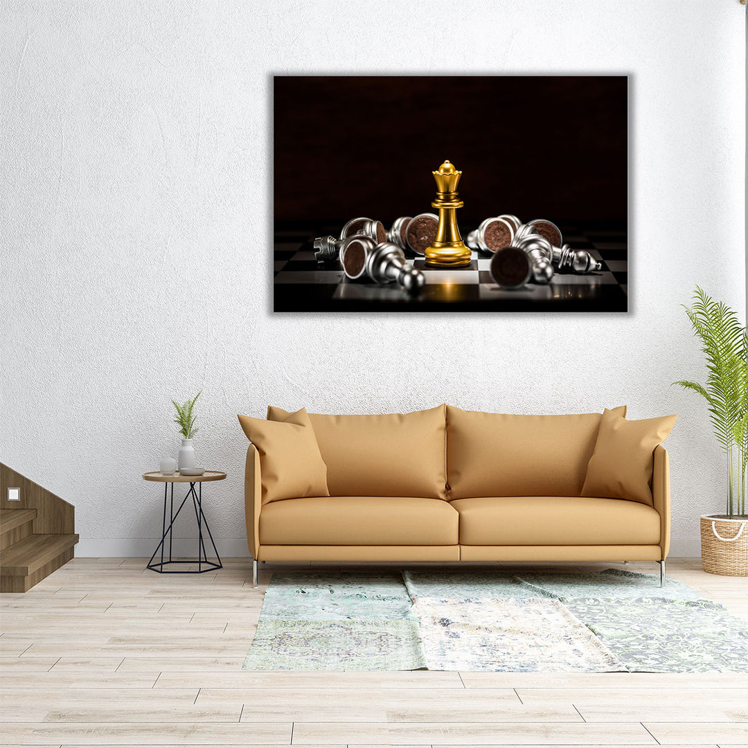 Golden Queen and Fallen Silver Chess Pieces - Canvas Print Wall Art