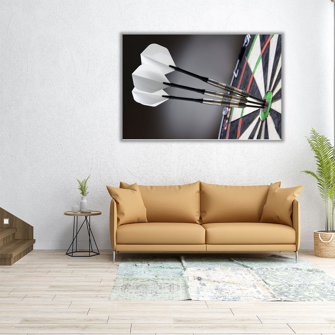 Three Darts in Bullseye of Dartboard - Canvas Print Wall Art