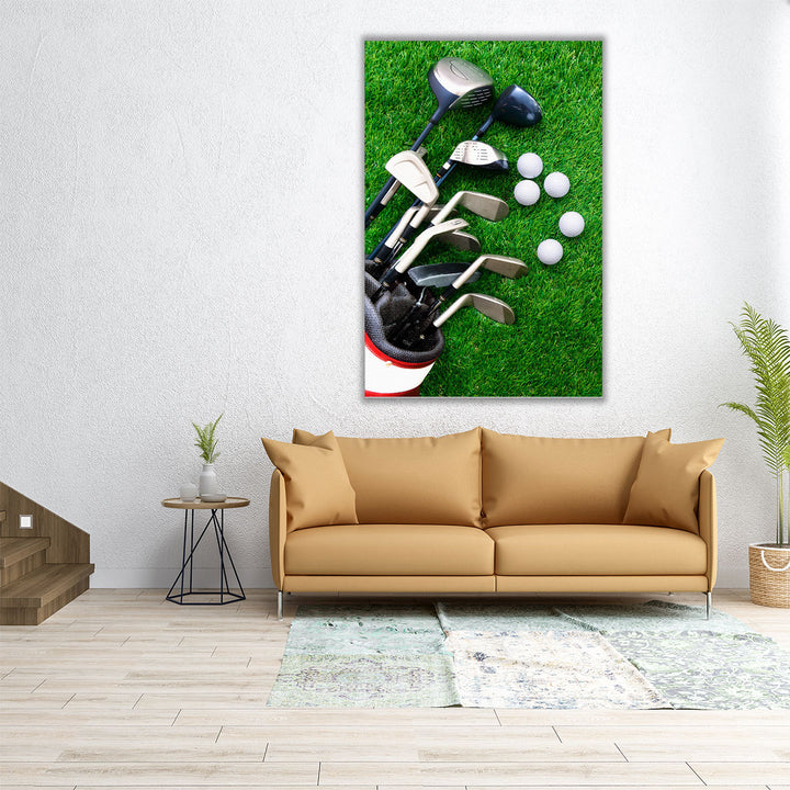 Golf Ball and Golf Club in Bag on Green Grass - Canvas Print Wall Art