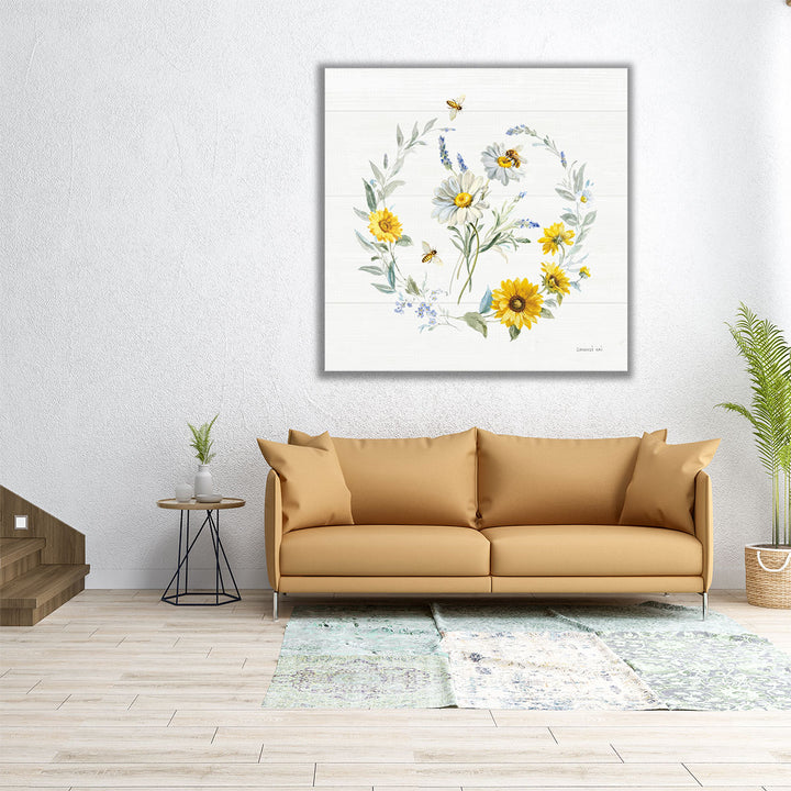 Bees and Blooms Flowers II with Wreath - Canvas Print Wall Art