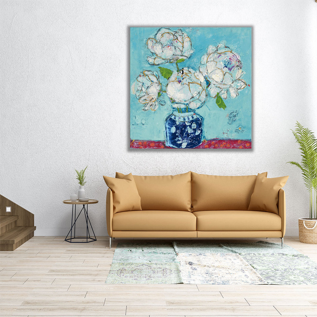 Vase of Peonies Aqua - Canvas Print Wall Art