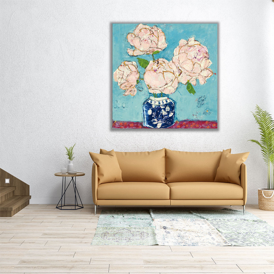 Vase of Peonies Aqua Coral - Canvas Print Wall Art