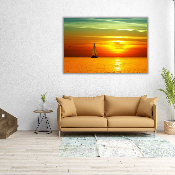 Beautiful Sea Sunset n Boat - Canvas Print Wall Art
