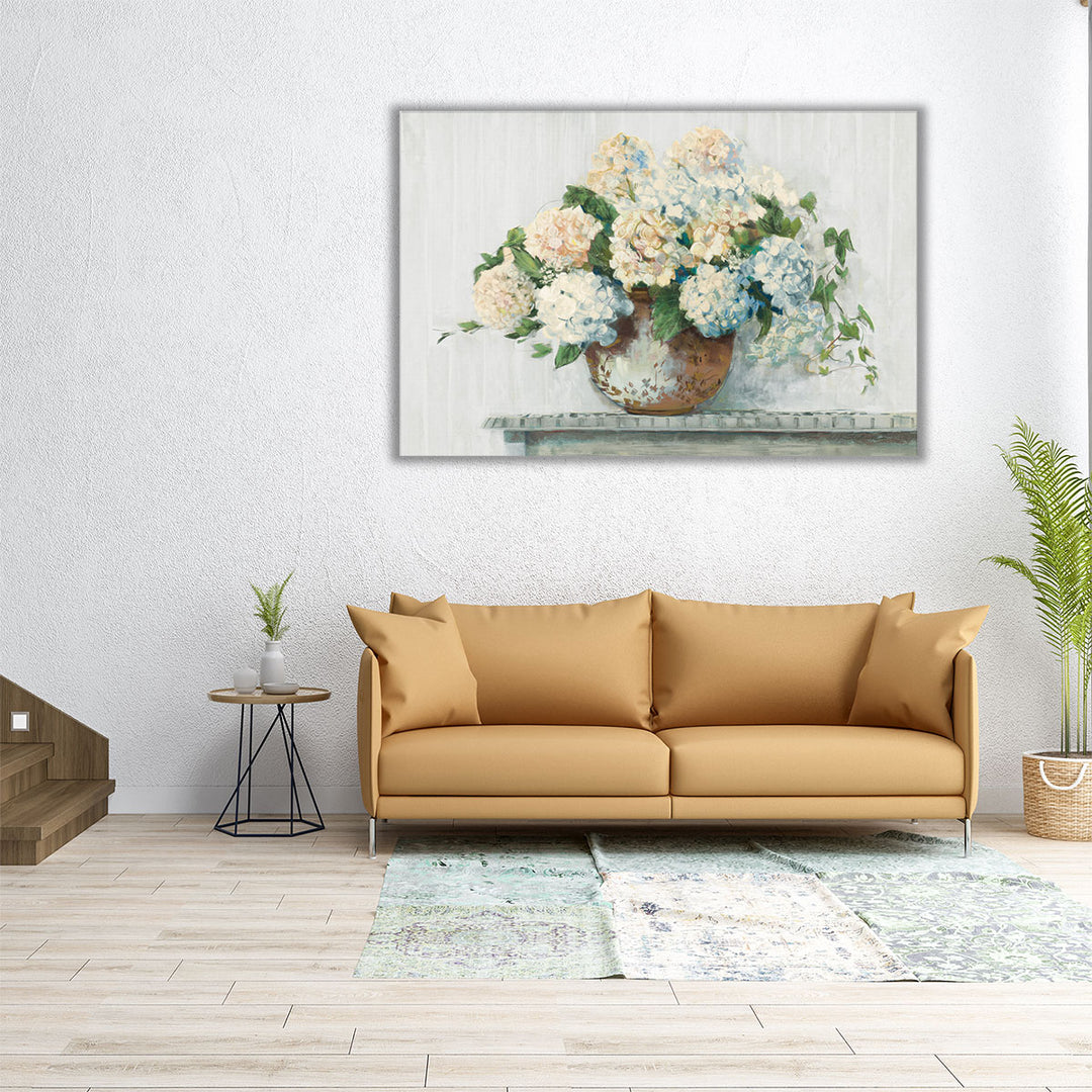 White Hydrangea Cottage - Canvas Print Wall Art