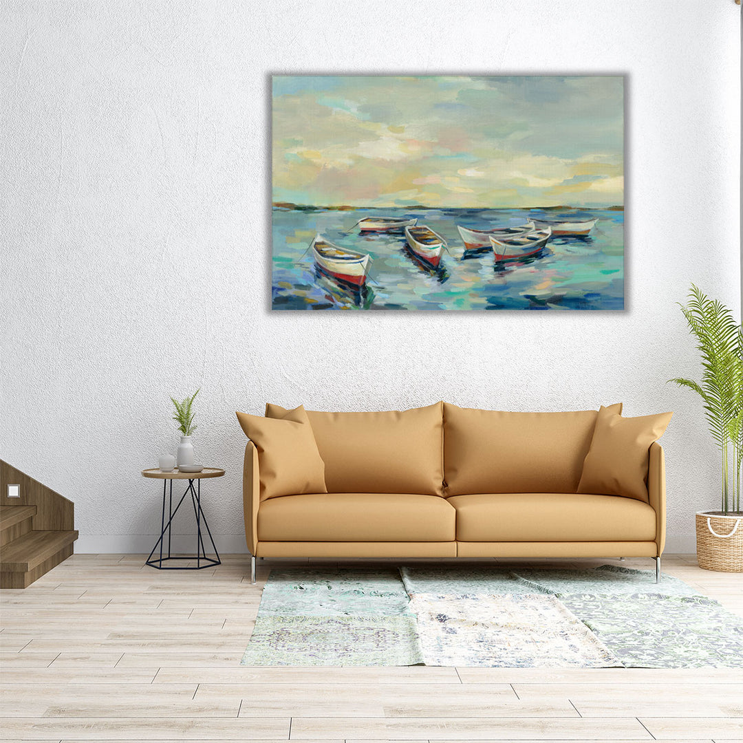 Coastal View of Boats - Canvas Print Wall Art