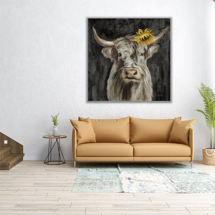 Floral Highland Cow - Canvas Print Wall Art