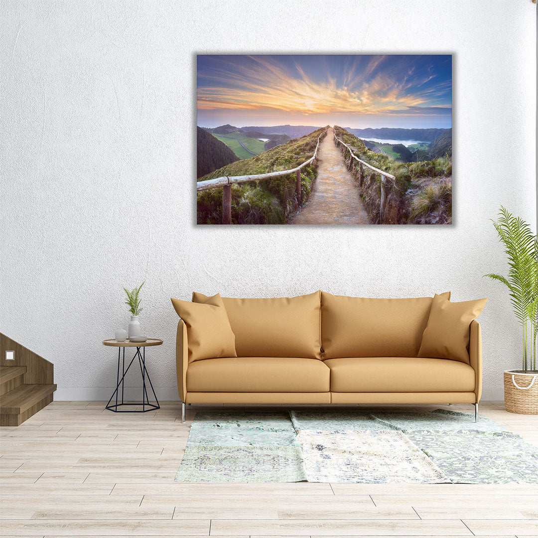 Mountains, Hiking Trail and Lakes Of Azores, Portugal - Canvas Print Wall Art