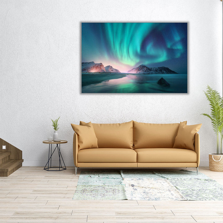 Winter Landscape With Aurora Borealis, Lofoten Islands - Canvas Print Wall Art