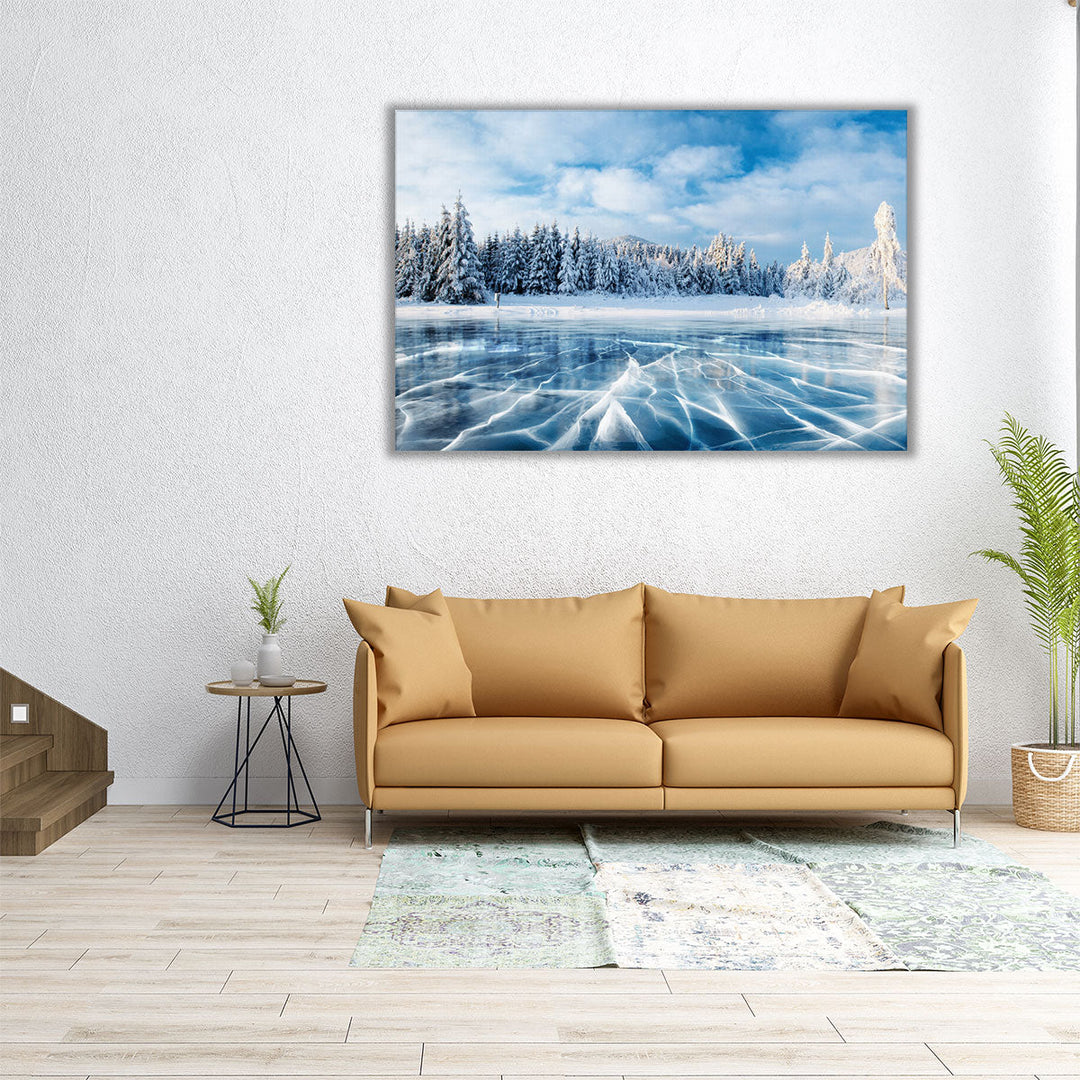 A Frozen Lake, Hills of Pines, Carpathian, Europe - Canvas Print Wall Art