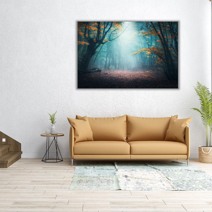 Mystical Forest in Blue Fog in Autumn - Canvas Print Wall Art