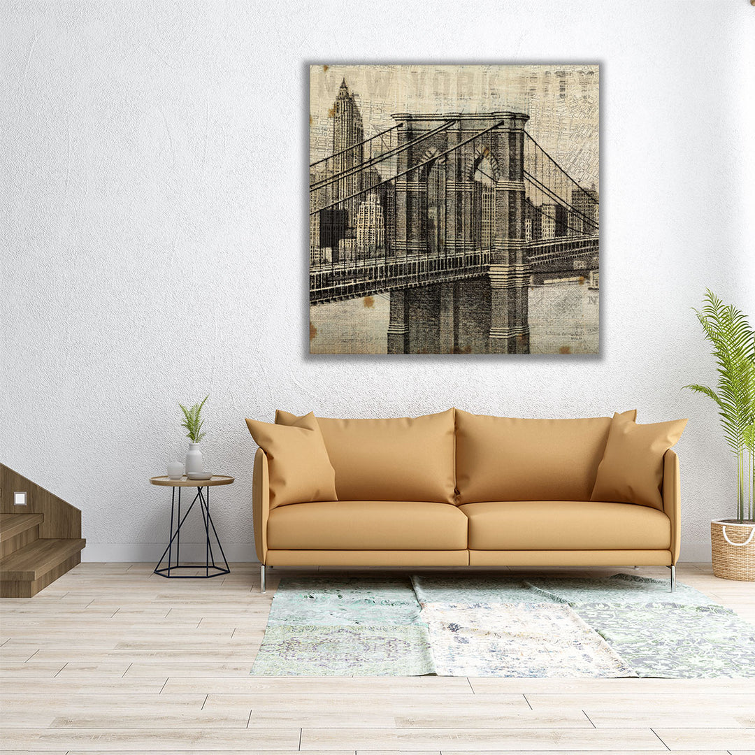 Vintage NY Brooklyn Bridge Skyline II - Canvas Print Wall Art