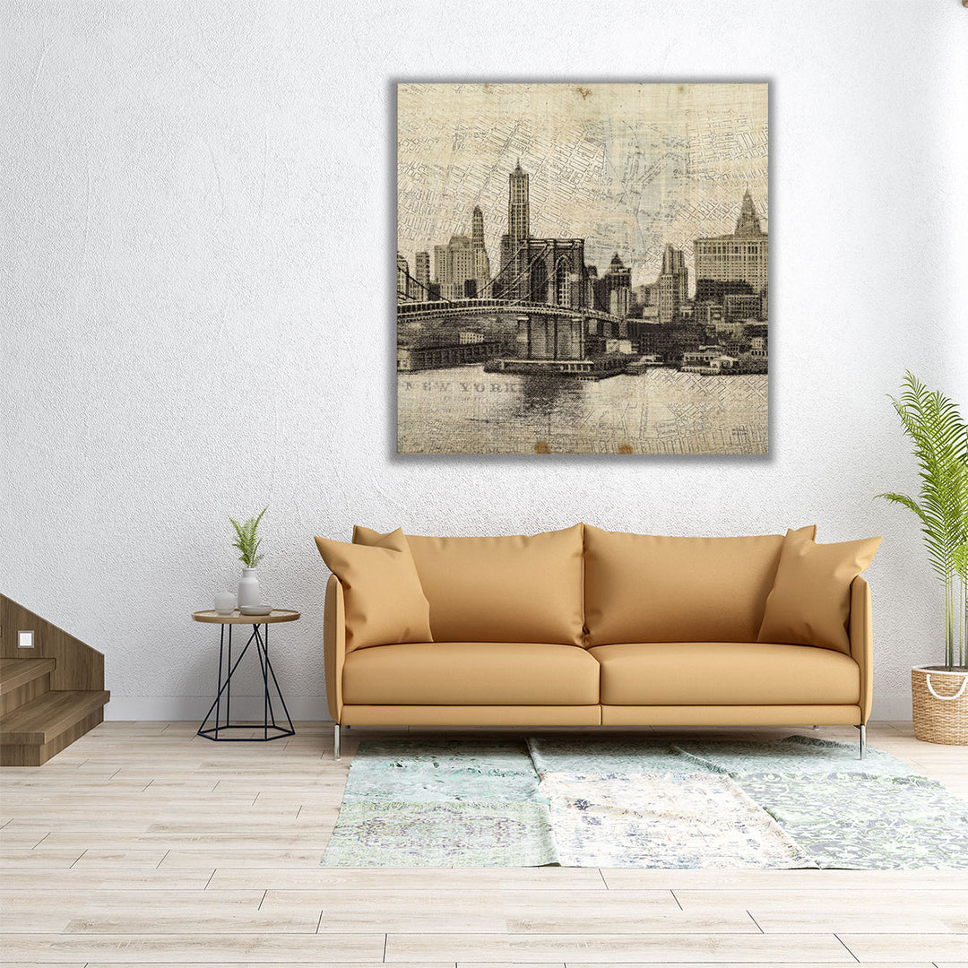 Vintage NY Brooklyn Bridge Skyline III - Canvas Print Wall Art