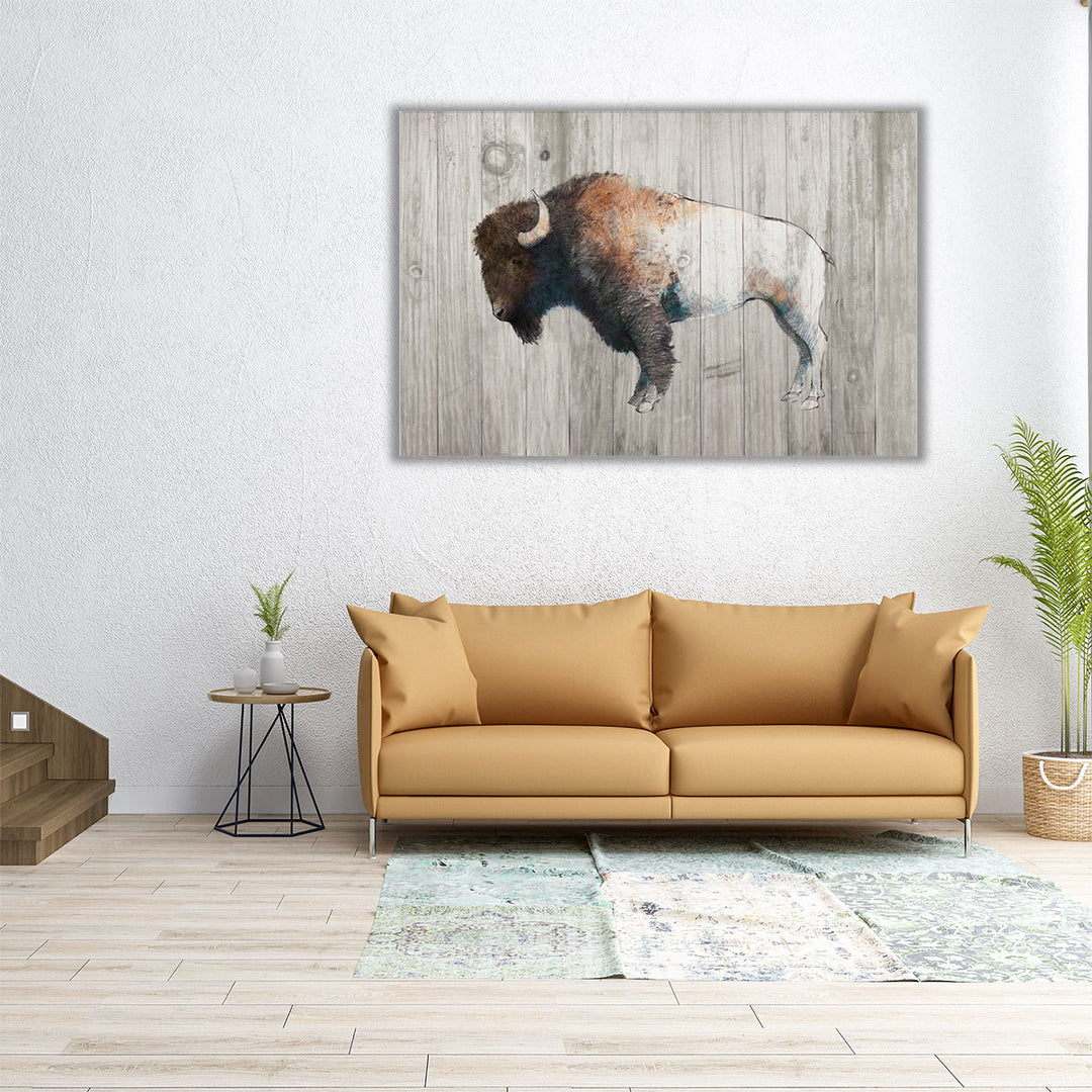 Colorful Bison Dark Brown on Wood - Canvas Print Wall Art