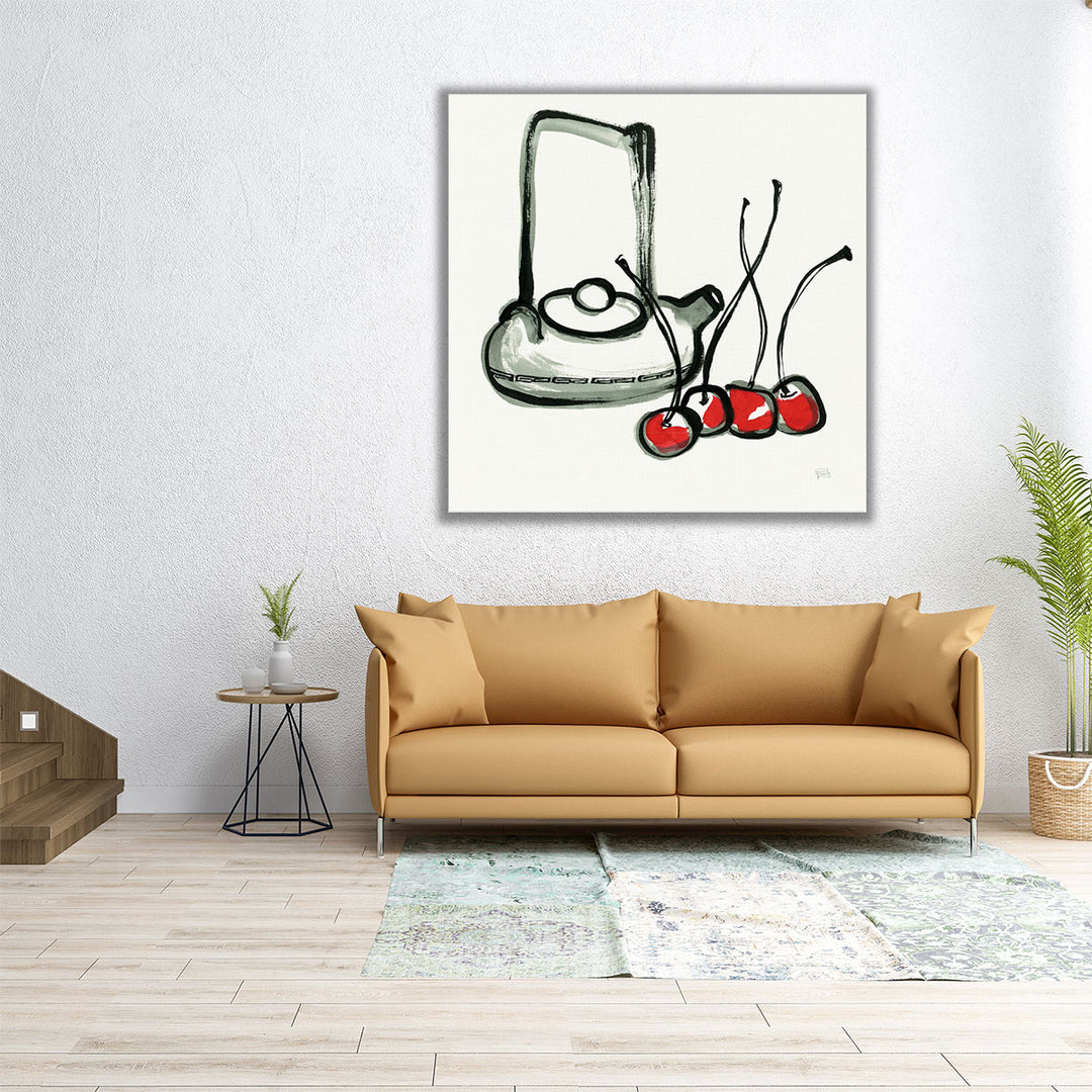 Tea and Cherries Black and White - Canvas Print Wall Art