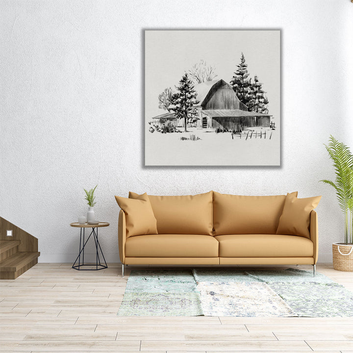 Distant Barn Sketch II Black And White - Canvas Print Wall Art