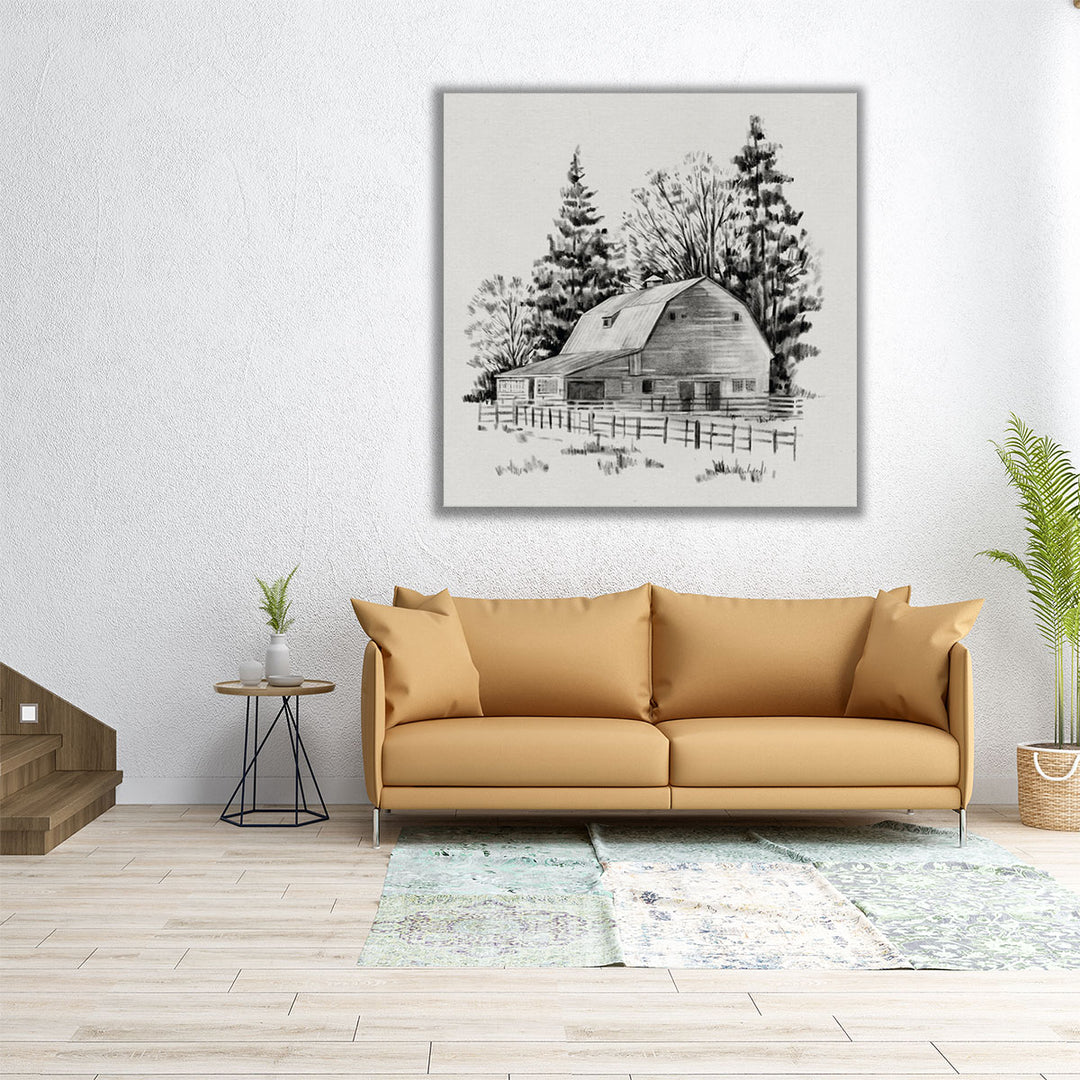 Distant Barn Sketch I Black And White - Canvas Print Wall Art