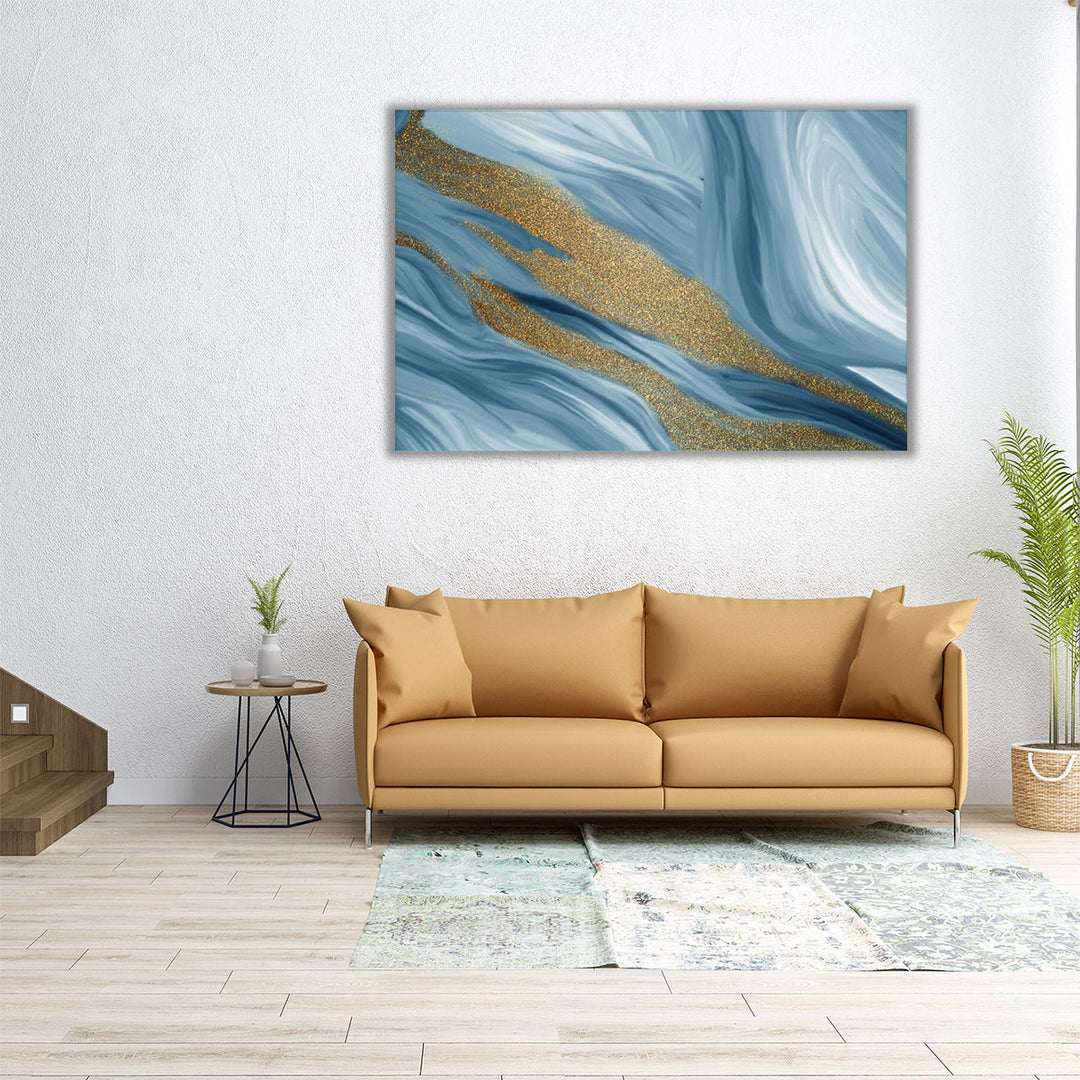Blue Abstract Art, Modern Marble Wall Decor, Large Prints for Living Room  | Blue Waves Of Gold