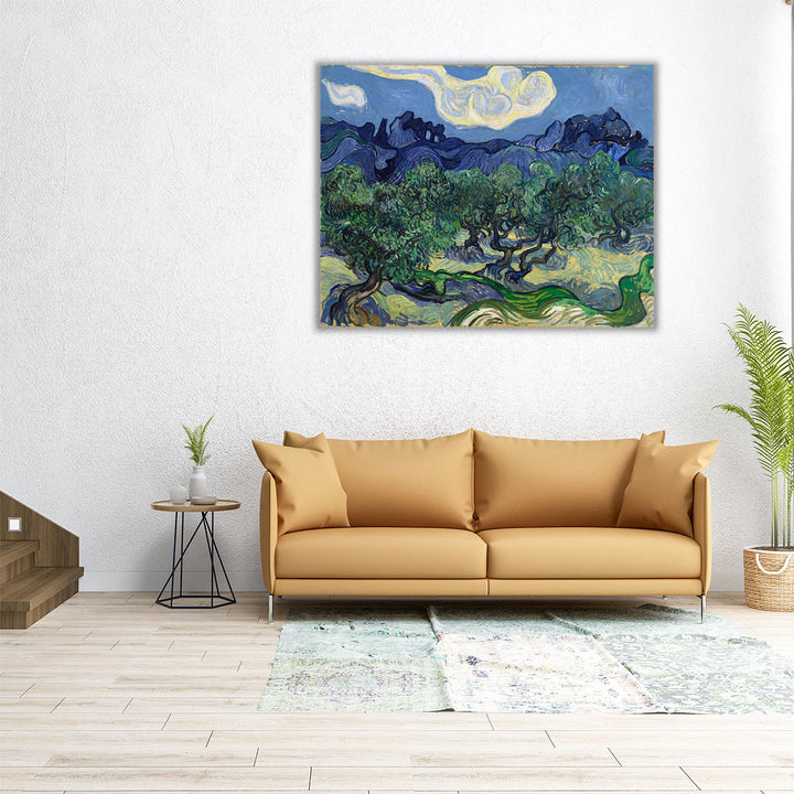 45x36 canvas featuring olive grove and mountains