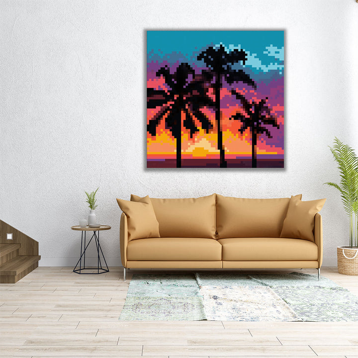 Pixel Palm Sunset II - Canvas Print Wall Art