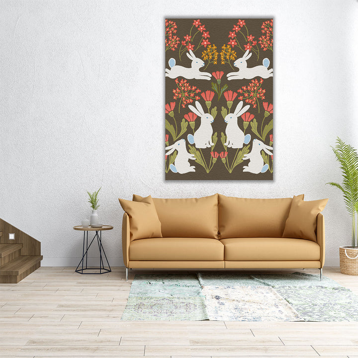 Folk Flower and Rabbit II - Canvas Print Wall Art