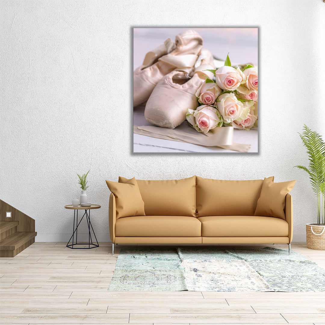 Ballet Slippers with Bunch of Roses on the Floor - Canvas Print Wall Art