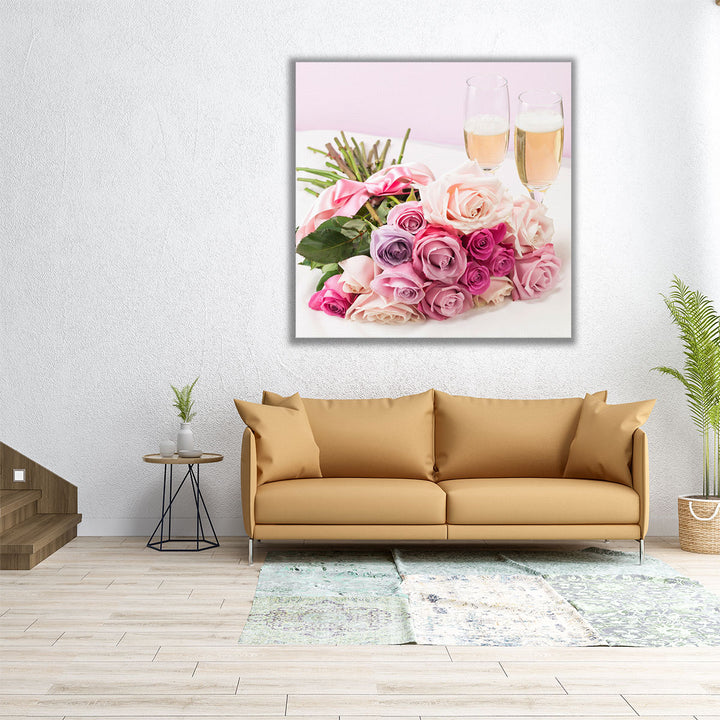 Bouquet of Roses with Champagne Glasses - Canvas Print Wall Art