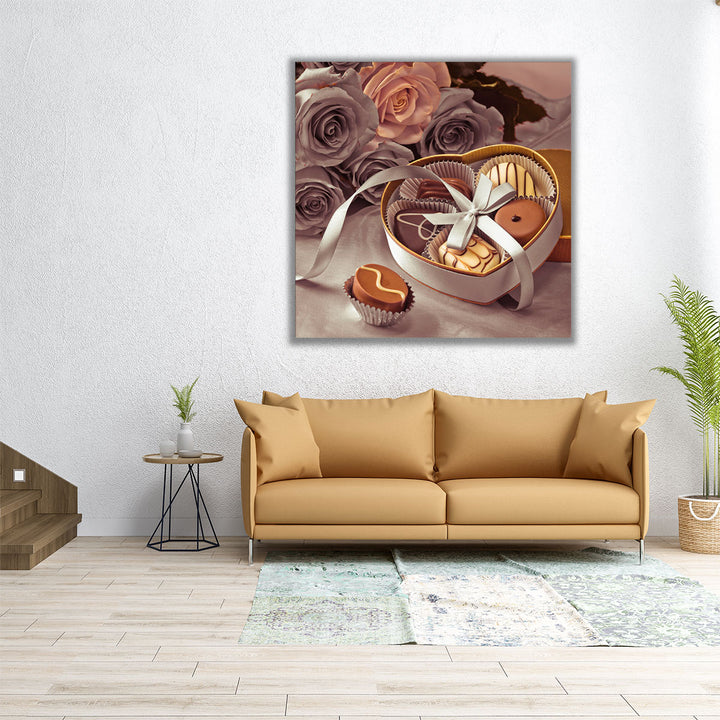 Chocolate Gift Box with Roses 1 - Canvas Print Wall Art