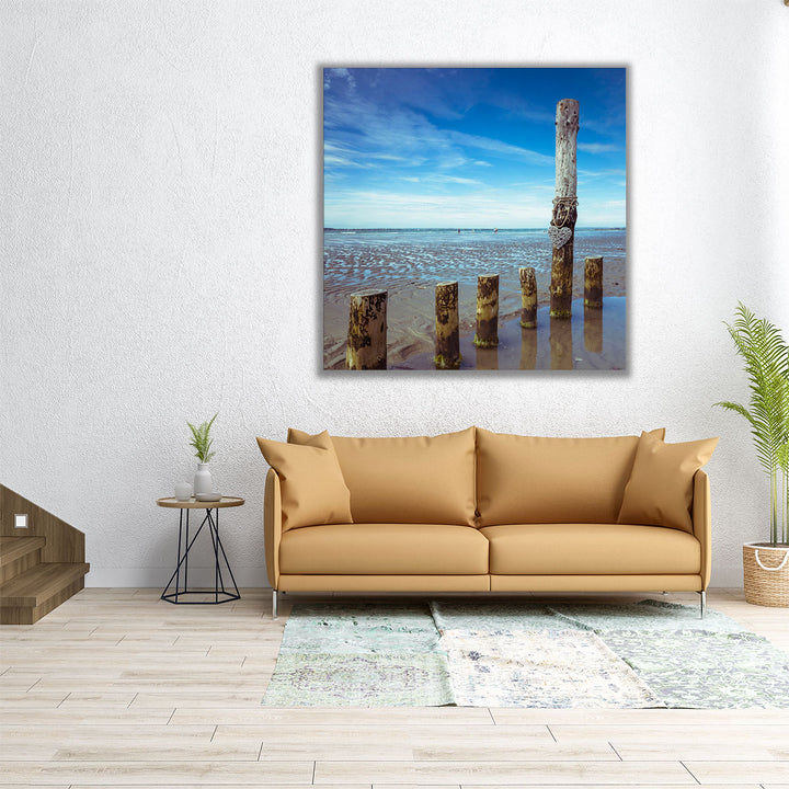 Wooden Groynes on the Beach - Canvas Print Wall Art