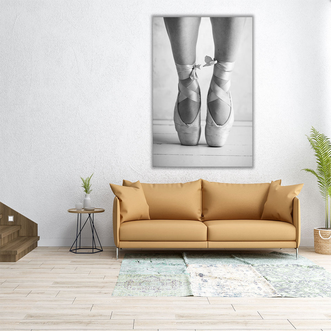 Close-up of a Ballerina Standing on Tiptoe Black and White - Canvas Print Wall Art