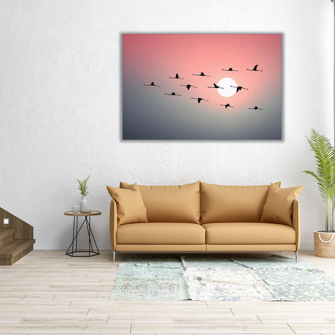 Flock of Flamingos Flying in Sky during Sunset - Canvas Print Wall Art