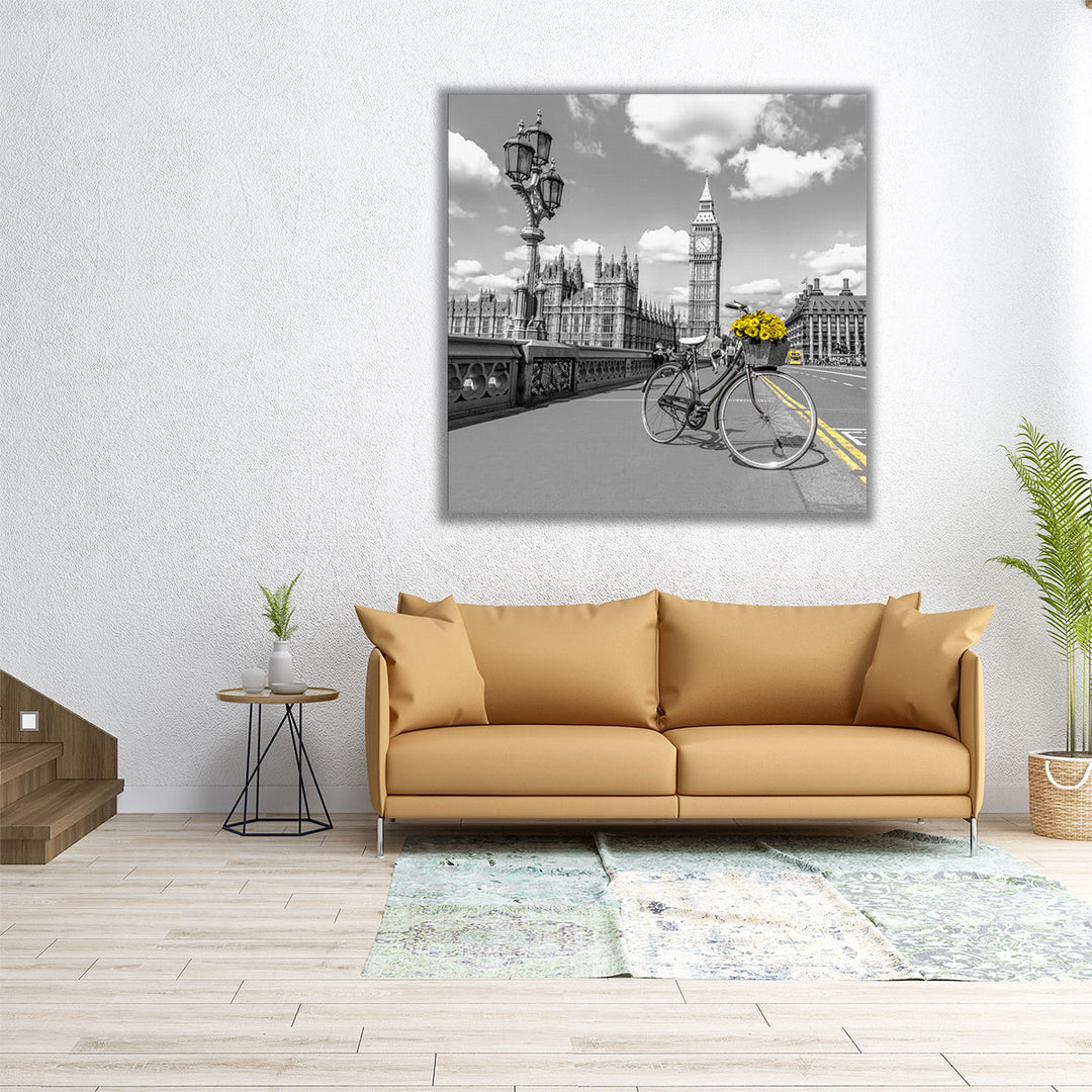 Bicycle with Bunch of Flowers on Westminster Bridge - Canvas Print Wall Art