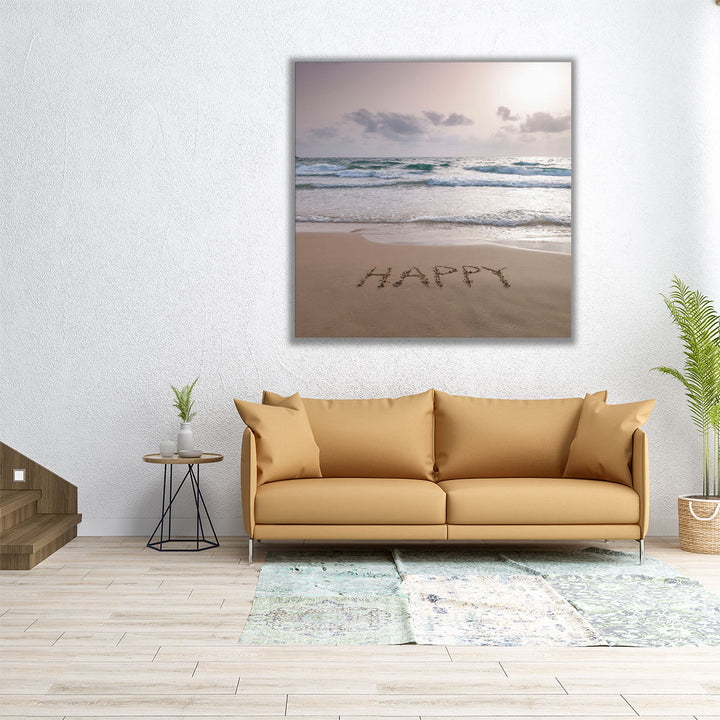 Happy Written on Beach - Canvas Print Wall Art