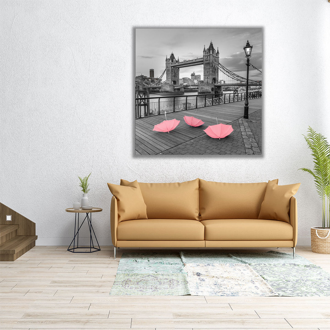 Pink Umbrellas at Tower Bridge - Canvas Print Wall Art