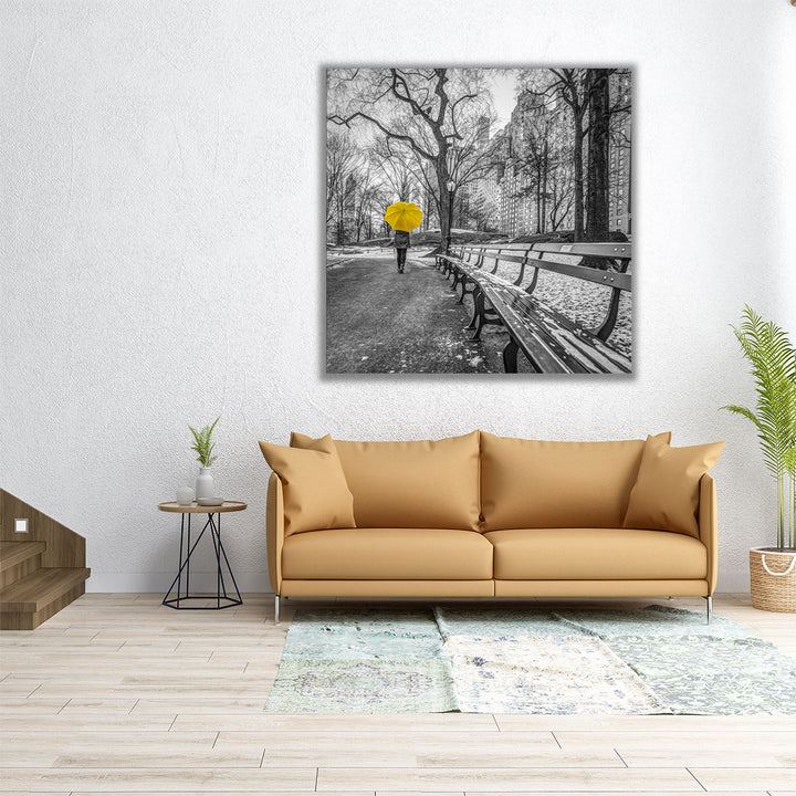 Tourist on Pathway with Yellow Umbrella at Central park, New York - Canvas Print Wall Art