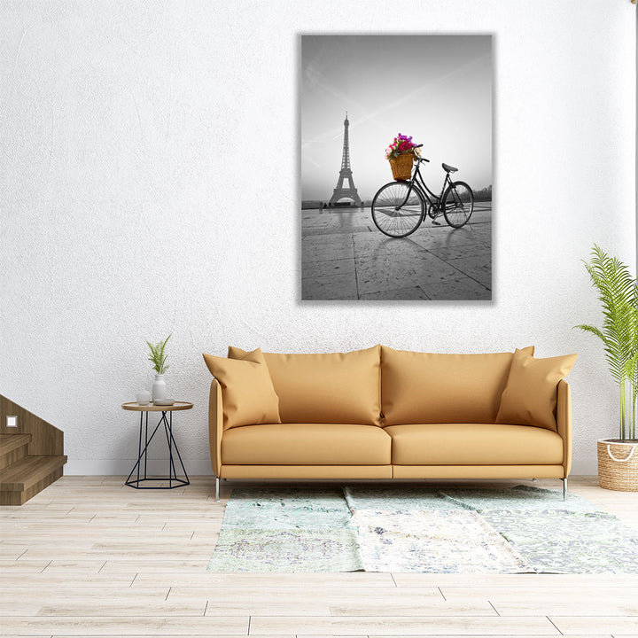 Bicycle With A Basket Of Flowers Next To The Eiffel Tower - Canvas Print Wall Art