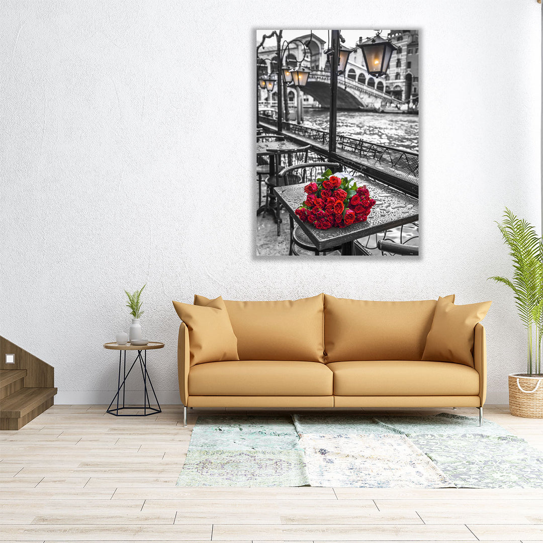 Bunch Of Red Roses On Street Cafe Table, Rialto Bridge - Canvas Print Wall Art