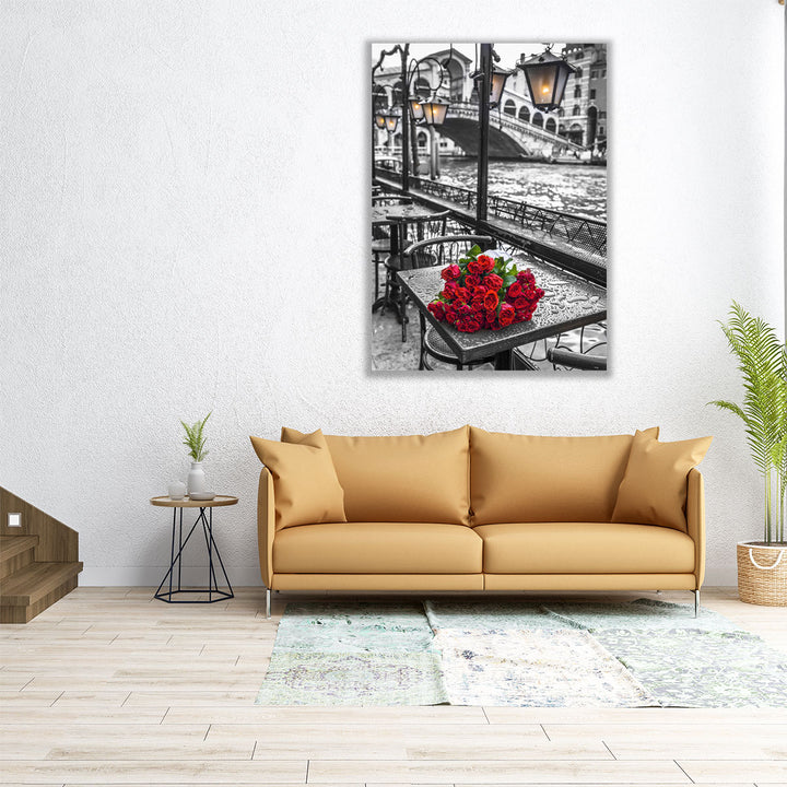 Bunch Of Red Roses On Street Cafe Table, Rialto Bridge - Canvas Print Wall Art