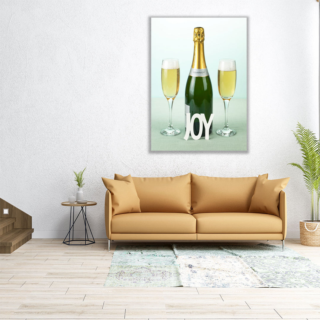 Champagne Bottle And Glasses With The Letters Joy - Canvas Print Wall Art