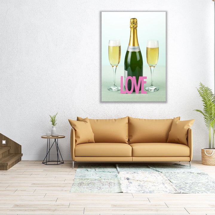 Champagne Bottle And Glasses With The Letters Love - Canvas Print Wall Art