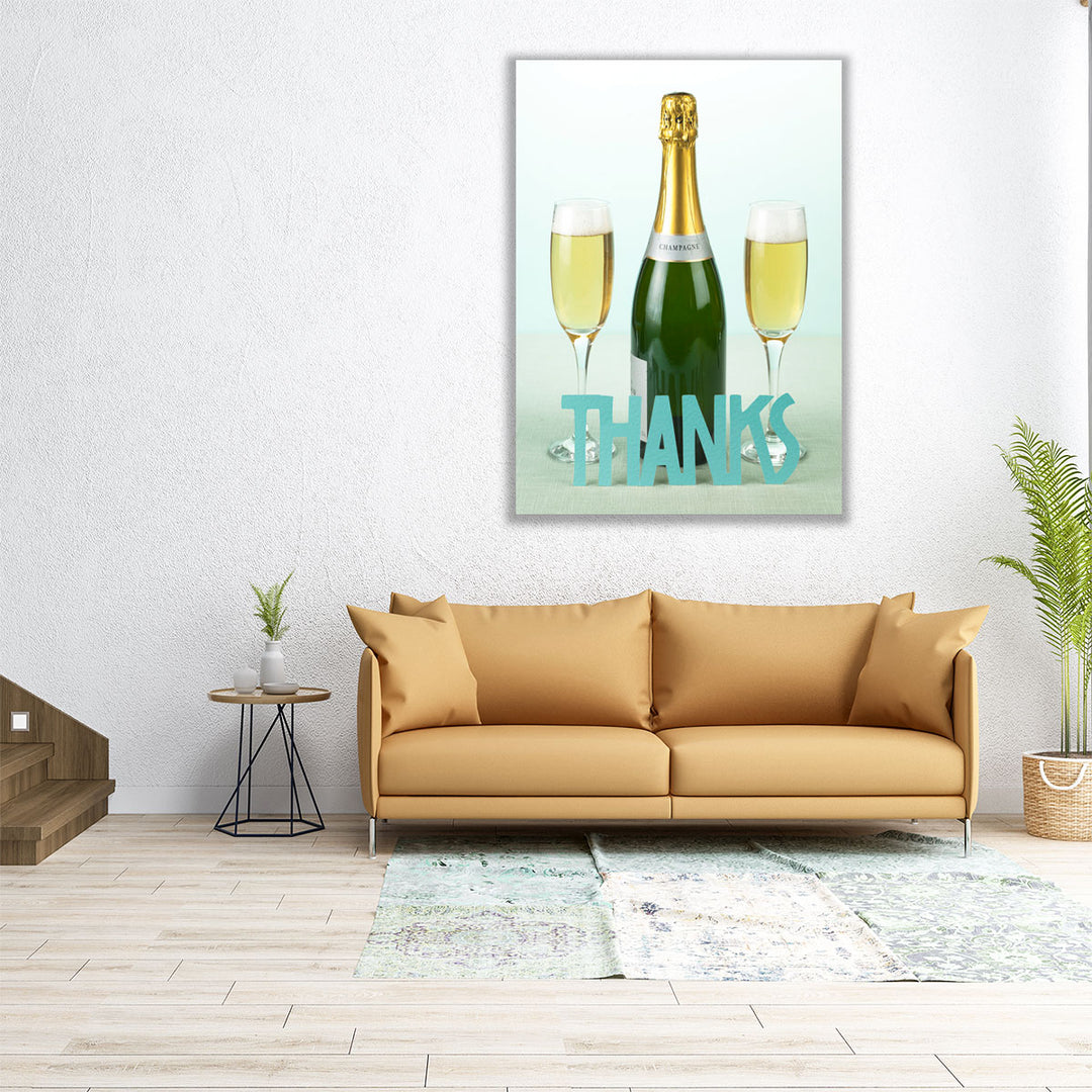 Champagne Bottle With The Letters Thanks - Canvas Print Wall Art