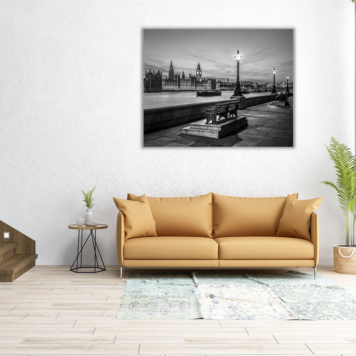 Benches By The Walkway Next To The River Thames, London Black And White - Canvas Print Wall Art