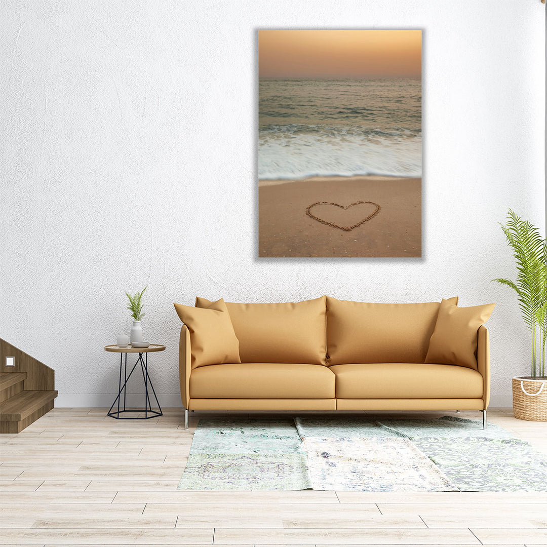 Heart Shape Drawn On Beach - Canvas Print Wall Art