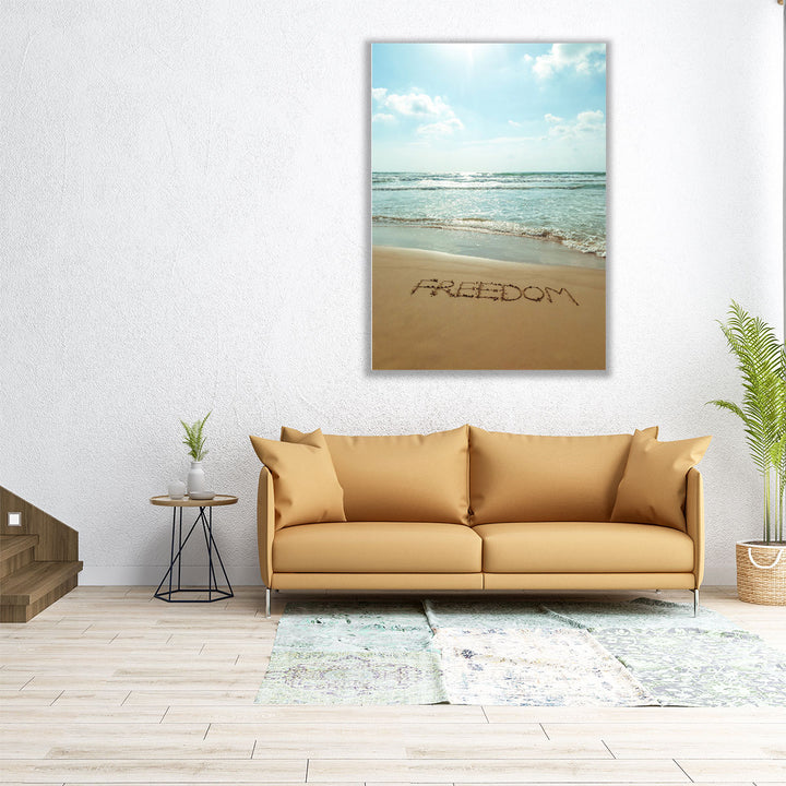 Word Freedom Written In Sand - Canvas Print Wall Art