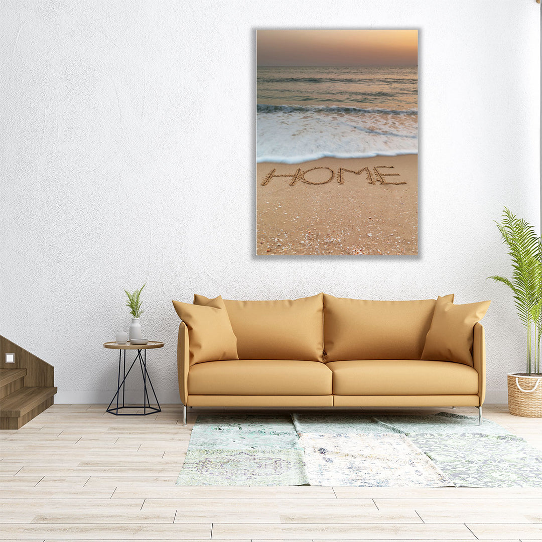 Word Home Written On Beach - Canvas Print Wall Art